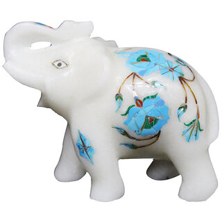                       Vintage White Inlay Marble Elephant Pietra Dura Turquoise Gemstone                                              