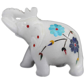                       Decorative Saluting White Marble Elephant Sculpture                                              