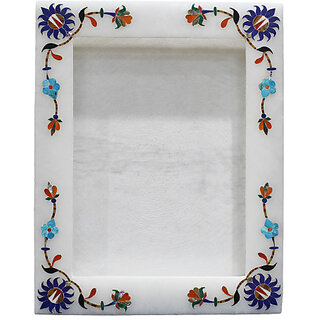 Tajmahal Inlay Art White Alabaster Marble Picture Frames Inlaid Semi Precious Stones (7x5 Inches)