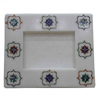 White Marble Photo Frame Mosaic Semi Precious Stones Inlay Work Floral Design (7x5 Inches)