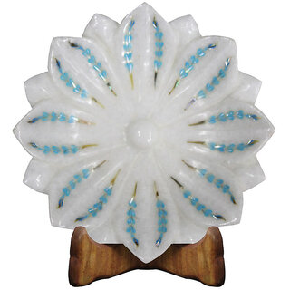                       White Marble Lotus Leaf Bowl With Scagliola Art                                              