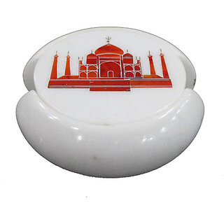                       Taj Mahal Pietra Dura Work Inlay White Marble Coaster Set                                              