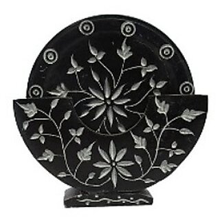                       Black Soapstone Coaster Set With Flower Design                                              