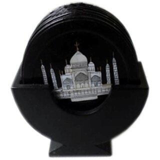                       Black Marble Coaster Set With Taj Mahal Design                                              