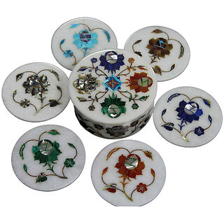                       Antique Round Marble Coasters Inlaid Flower Marquetry Art Work                                              