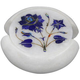                       Round Marble Inlay Tea Coaster Set Serving For Guests                                              
