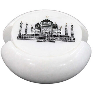                      White Marble Beverage Coaster Inlaid Taj Mahal Art Design                                              