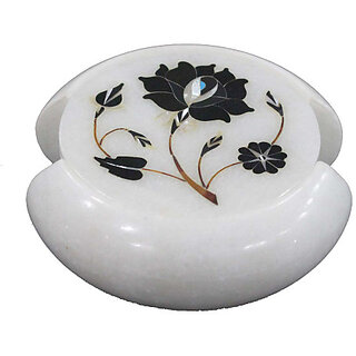                       Home Decorative Round White Marble Coaster Inlay Black Onyx                                              