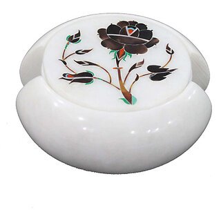                       Round White Marble Coaster Set Inlaid Flower Pietra Dura Art                                              
