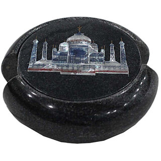                       Unique Taj Mahal Inlaid Black Marble Tea Coaster Set                                              