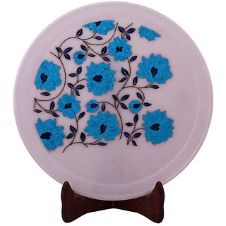                       Home Decor White Marble Plate Inlaid With Turquoise Gemstone                                              