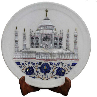                       Seven Wonder Taj Mahal Inlaid White Marble Wall Decorative Plate                                              