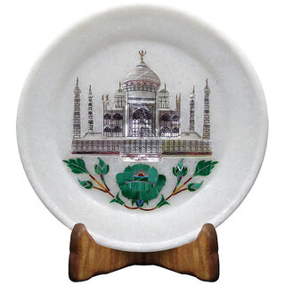                       Tajmahal Inlaid White Marble Display Plate For Home Dcor                                              