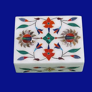                       Handmade Pietra Dura Inlay Floral Design White Marble Box                                              