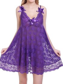 Sparklesandsatin Womens Transparent Babydoll  Nightwear Floral Net Lingerie  Sexy Night Dress for Girls - Purple (Free