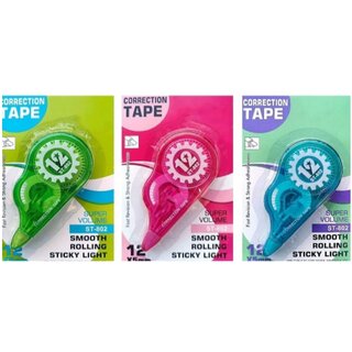                       3 pcs correction Tape 5mm X 12mtr for students,kids,girls, boys and office supplies                                              