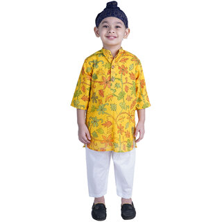                       Kid Kupboard Cotton Boys Kurta Pajama Set, Yellow and White, Full-Sleeves, 7-8 Years KIDS5220                                              