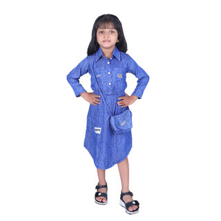                       Kid Kupboard Cotton Girls A-Line Dress, Blue, Full-Sleeves, Collared Neck, 7-8 Years KIDS5257                                              