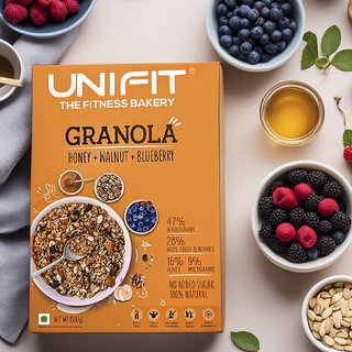 UNIFIT Crunchy Granola Breakfast Oat Rich Cereal With Goodness Of Honey, Walnut  Blueberry Diet Snacks  500 Grams