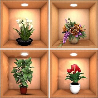                       3D Wall Adhesive Stickers Potted Plant Theme Pack of Four                                              