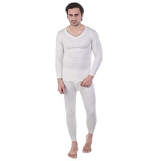 U-Light Men V-Neck Full Sleeves Thermal Top And Trouser Thermal Set (White-32)