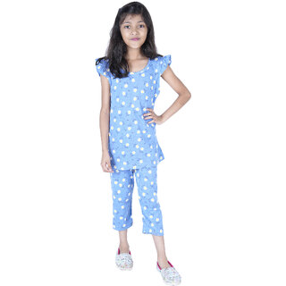                       Kid Kupboard Cotton Girls Top and Track Pant, Light Blue, Short-Sleeves, 8-9 Years KIDS5261                                              