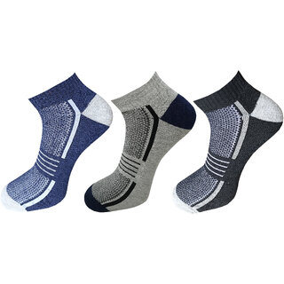                       USOXO Men And Women Multicolor Combed Cotton Ankle Length Socks - Free Size UK8-11(Pack Of 3)Black, Blue, Dark  grey                                              