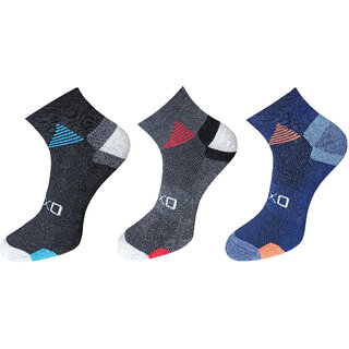                       USOXO Men And Women Multicolor Combed Cotton Ankle Length Socks - Free Size UK8-11(Pack Of 3)Black, Blue, Dark  grey                                              