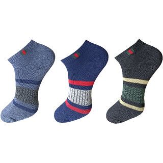                       USOXO Men And Women Multicolor Combed Cotton Ankle Length Socks - Free Size UK8-11(Pack Of 3)Navy melange, Black, Blue                                              