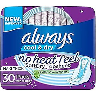                       Always Cool  Dry, No Heat Feel, Maxi Thick, Large Sanitary Pads With Wings, 30 Pad Count                                              