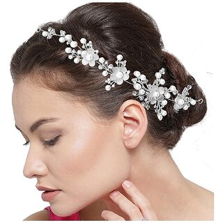                       Alamodey Pearl Floral Stone Tiara Hair Band (Silver)                                              
