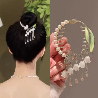                      Alamodey Rhinestone Pearl Hair Bun Orchid Tassel Hair Clip Women Ponytail Holder Hair Claw (Silver)                                              