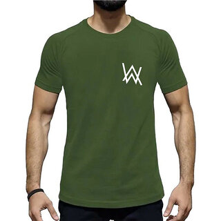                       HIT SQUARE Alan Walker logo Olive Pure Cotton Round Neck Printed For Men                                              