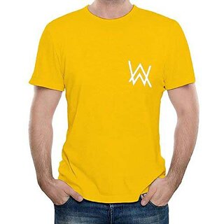                       HIT SQUARE Alan Walker logo Yellow Pure Cotton Round Neck Printed For Men                                              