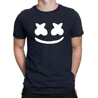                       HIT SQUARE Marshmello logo Navy Blue Pure Cotton Round Neck Printed For Men                                              