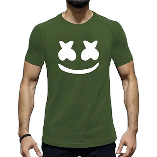                       HIT SQUARE Marshmello logo Olive Pure Cotton Round Neck Printed For Men                                              