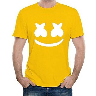                       HIT SQUARE Marshmello logo Yellow Pure Cotton Round Neck Printed For Men                                              