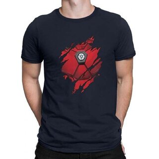                       HIT SQUARE Navy Blue Pure Cotton Round Neck Printed For Men                                              