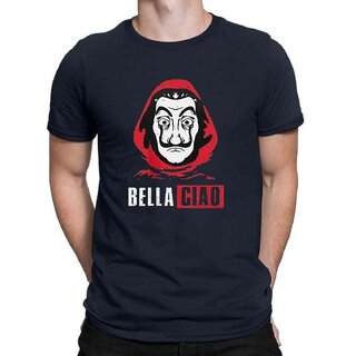                       HIT SQUARE Bella Ciao logo Navy Blue Pure Cotton Round Neck Printed For Men                                              