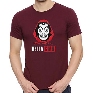                       HIT SQUARE Bella Ciao logo Maroon Pure Cotton Round Neck Printed For Men                                              