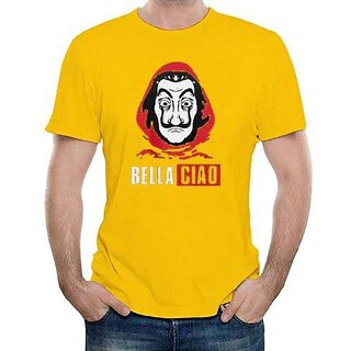                      HIT SQUARE Bella Ciao logo Yellow Pure Cotton Round Neck Printed For Men                                              