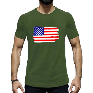                       HIT SQUARE USA_flag logo Olive Pure Cotton Round Neck Printed For Men                                              