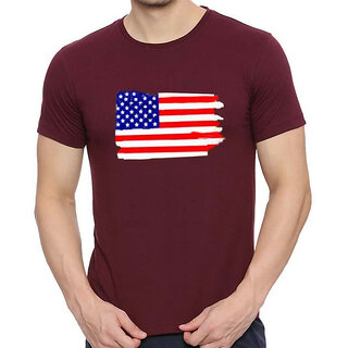                       HIT SQUARE USA_flag logo Maroon Pure Cotton Round Neck Printed For Men                                              