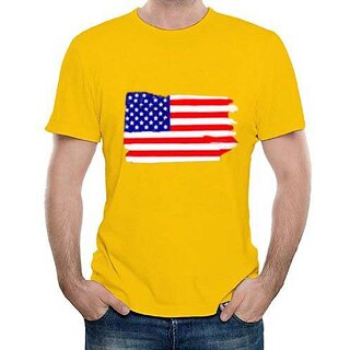                       HIT SQUARE USA_flag logo Yellow Pure Cotton Round Neck Printed For Men                                              