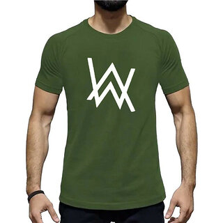                       HIT SQUARE Alan Walker logo Olive Pure Cotton Round Neck Printed For Men                                              