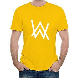                       HIT SQUARE Alan Walker logo Yellow Pure Cotton Round Neck Printed For Men                                              