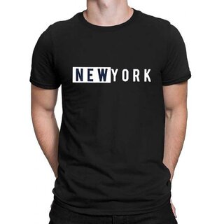                       HIT SQUARE New_York logo Black Pure Cotton Round Neck Printed For Men                                              
