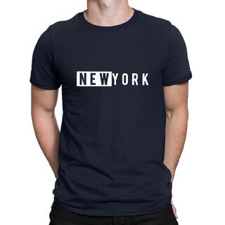                       HIT SQUARE New_York logo Navy Blue Pure Cotton Round Neck Printed For Men                                              