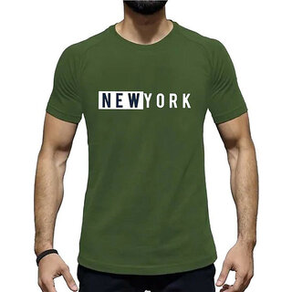                       HIT SQUARE New_York logo Olive Pure Cotton Round Neck Printed For Men                                              