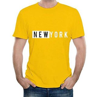                       HIT SQUARE New_York logo Yellow Pure Cotton Round Neck Printed For Men                                              